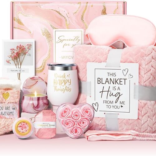 Birthday Gifts for Women Self Care Gifts Get Well Soon Gifts, Rose Relaxing Spa Gifts Basket Care Package w/ Luxury Flannel Blanket, Unique Mothers Day Gifts for Mom Her Friend Sister Wife Grandma